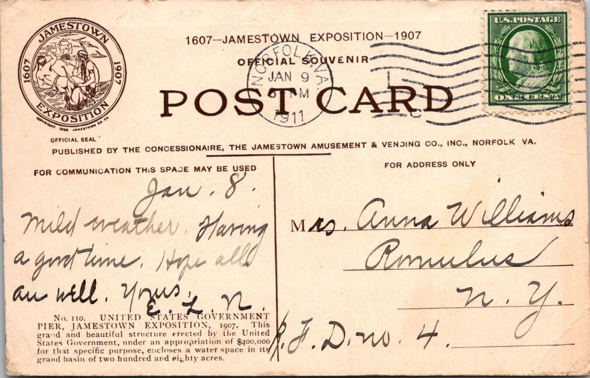 1907 Jamestown Exposition Postcard With Original Stamps & Handwritten Message