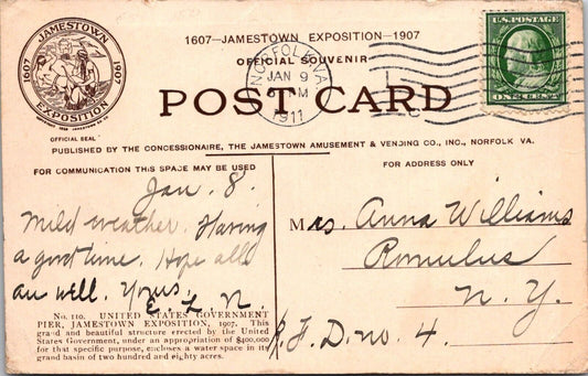 1907 Jamestown Exposition Postcard With Original Stamps & Handwritten Message