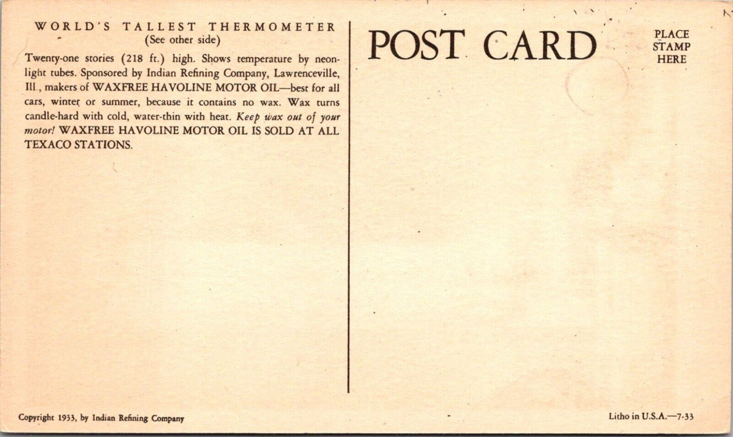 1933 Worlds Tallest Thermometer Postcard Havoline Motor Oil Chicago Worlds Fair