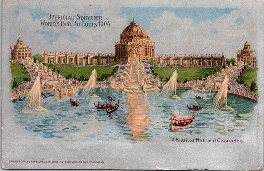 Worlds Fair St. Louis 1904 Official Souvenir Postcard Festival Hall & Cascades #