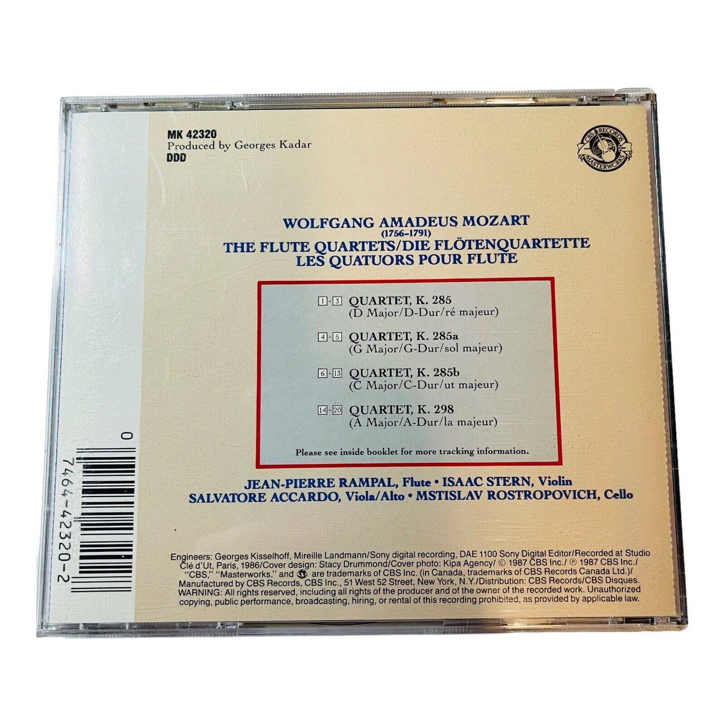 MOZART The Flute Quartets Rampal/Stern/ Accardo/Rostropovich 1987 CD