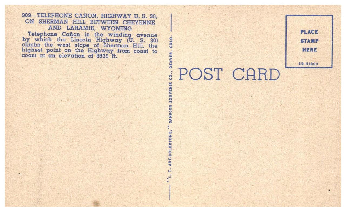 Telephone Caron U.S. 90 Sherman Hill Vintage Postcard Linen Cheyenne Laramie WY - Suthern Picker