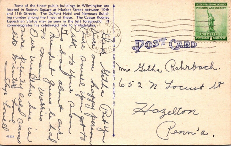 Caesar Rodney Monument Wilmington DE Municipal Building Courthouse Postcard