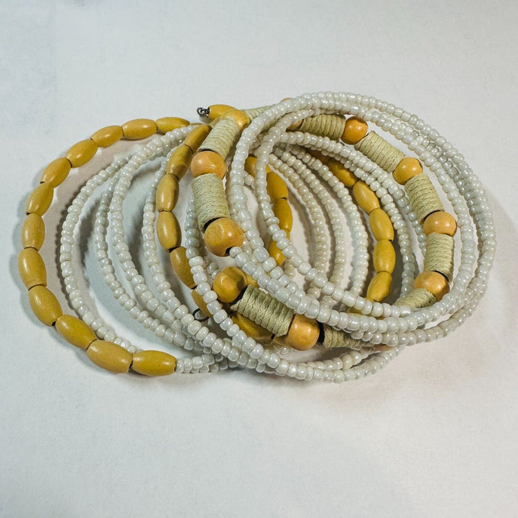 Handmade Wooden and Beaded Bracelet Boho Style Natural Ivory and Yellow Stretch