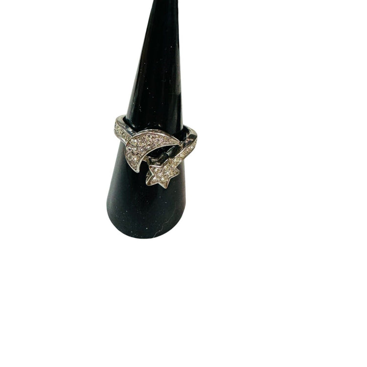 Sterling Silver Moon & Star Ring With Cubic Zirconia Stones Size 6-7