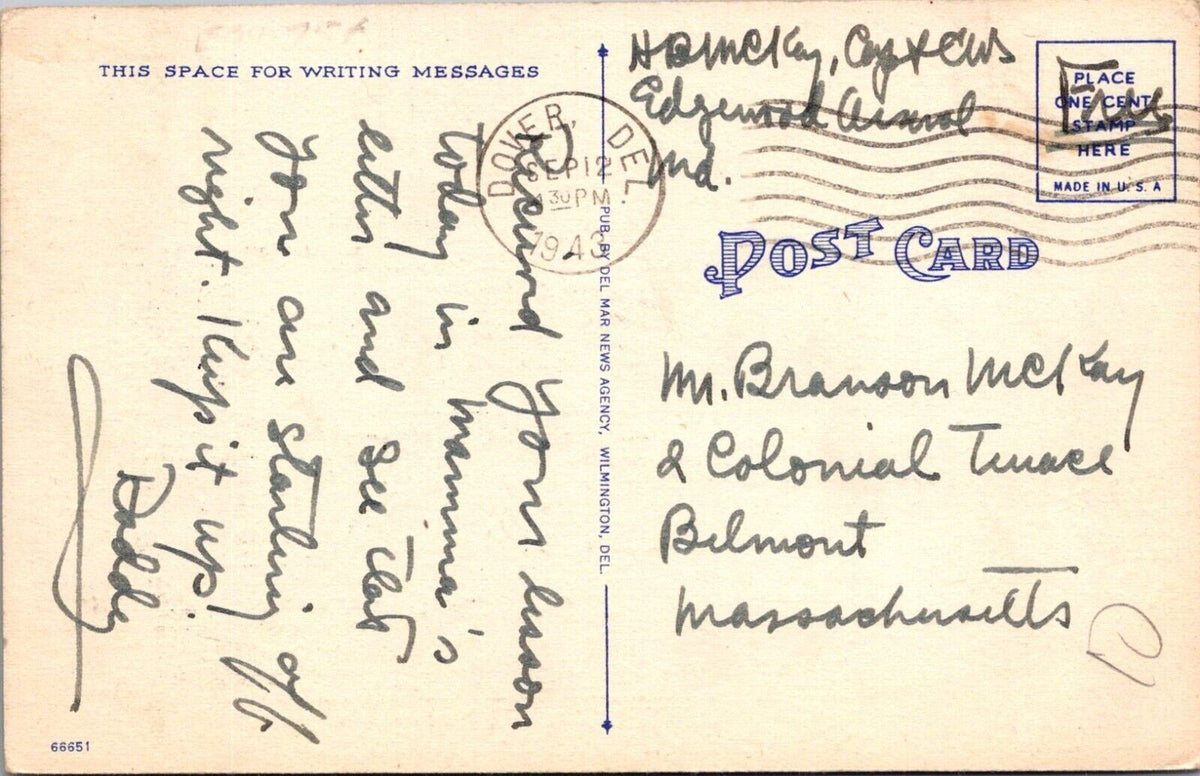 Vintage State House Dover Delaware Postcard 1943 Linen