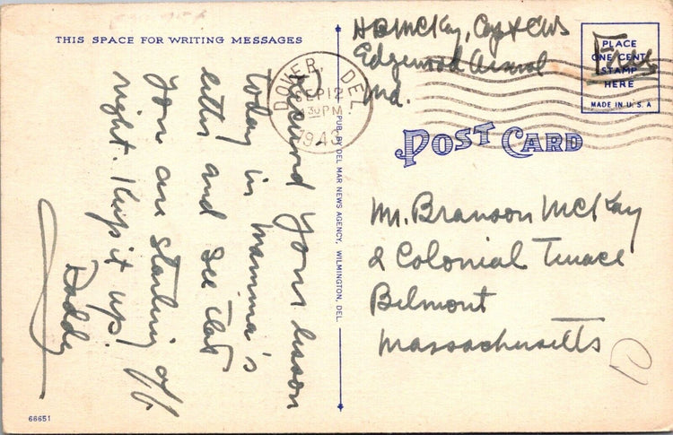 Vintage State House Dover Delaware Postcard 1943 Linen