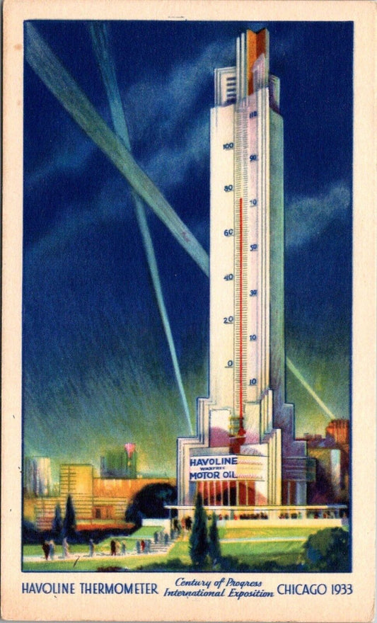1933 World Tallest Thermometer Postcard Havoline Motor Oil Chicago Expo Postcard