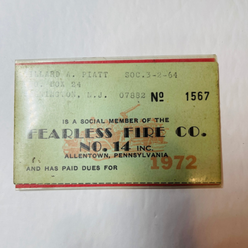 Fearless Fire Co. No. 14 Allentown Pennsylvania Dues Card 1972