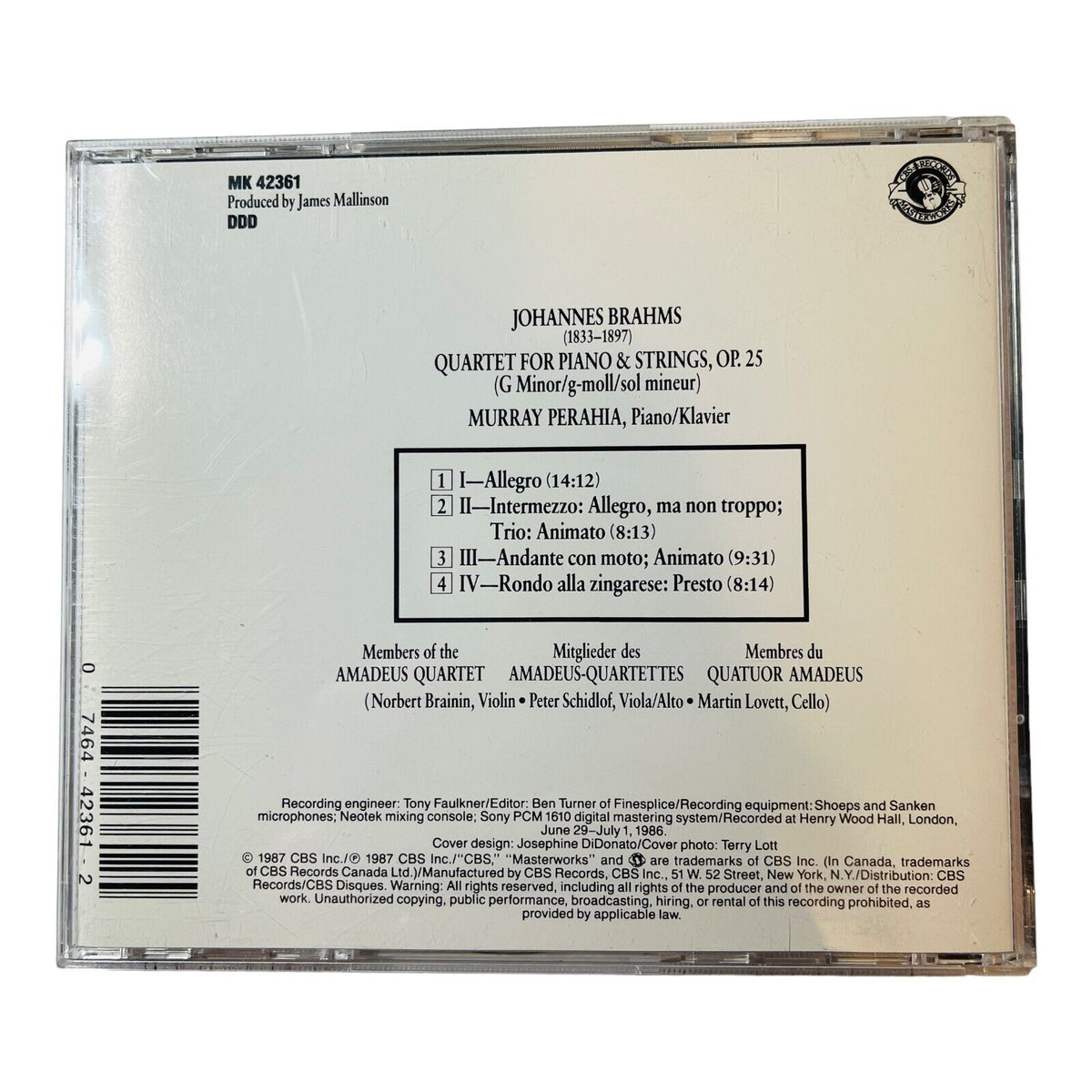 Brahms Piano Quartet Op. 25 Perahia Amadeus Quartet CD