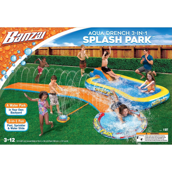 Banzai Aqua Drench 3-in-1 Splash Park With Pool Sprinkler & Water Slide 15ft