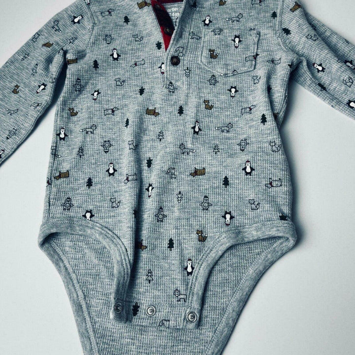 Carter's Flannel One Piece Romper Boys Gray 24M Penguin Dog Fox Christmas Tree - Suthern Picker