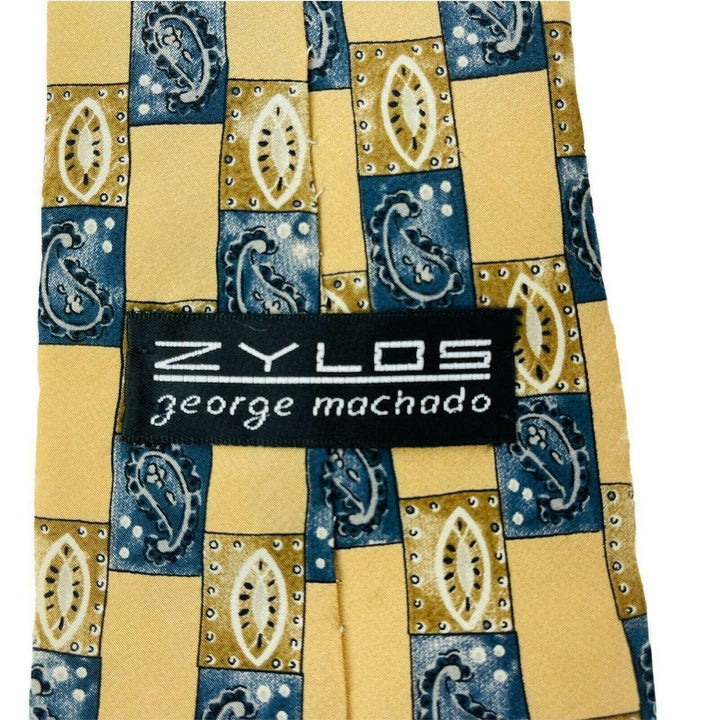 Zylos George Machado Men's Neck Tie Square Geometric Beige Blue Italian Silk - Suthern Picker