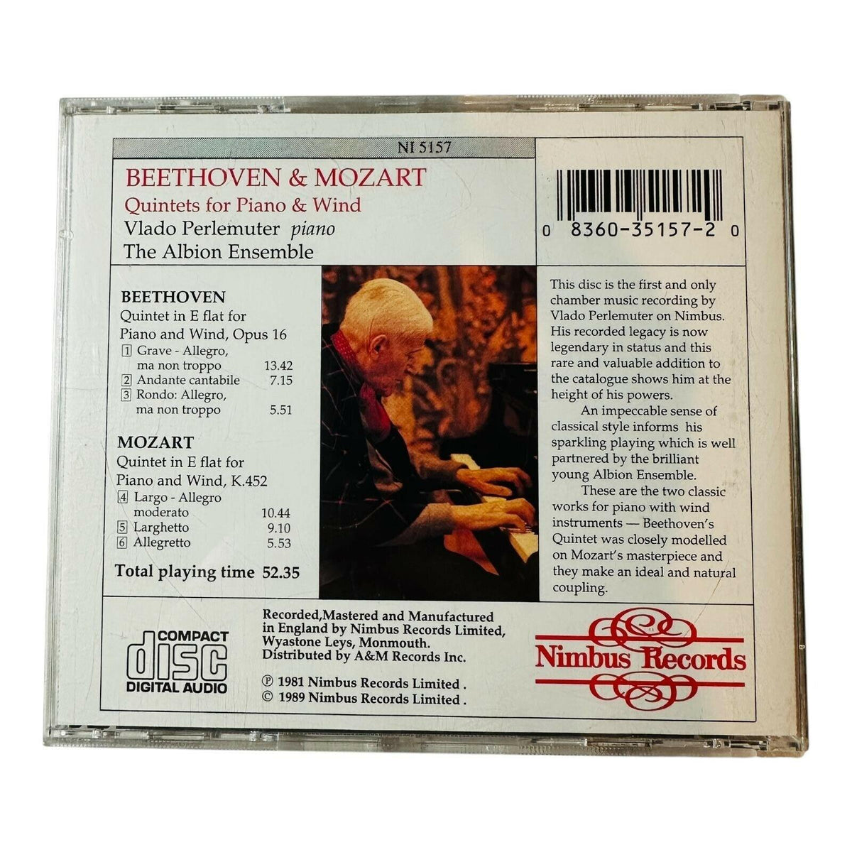 Beethoven & Mozart Quintets For Piano & Wind CD Vlado Perlemuter Albion Ensemble
