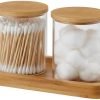 YININE Glass Qtip Holder Bathroom Apothecary Jars with Vanity Tray Bamboo Wood - Suthern Picker