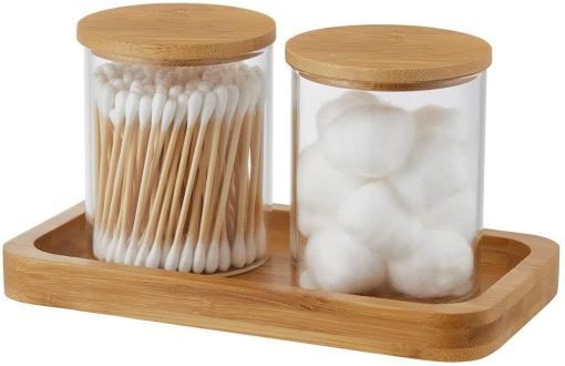 YININE Glass Qtip Holder Bathroom Apothecary Jars with Vanity Tray Bamboo Wood - Suthern Picker