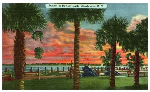 Sunset In Battery Park Charleston South Carolina Vintage Linen Postcard Standard - Suthern Picker
