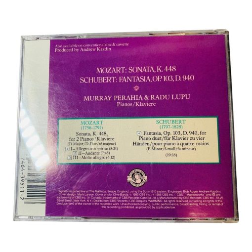 Mozart: Sonata K448 Schubert: Fantasia Op. 103 D940 CD Oct-1990 CBS Records - Suthern Picker