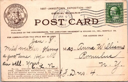 1907 Jamestown Exposition Postcard With Original Stamps & Handwritten Message - Image 2