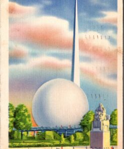 1939 New York Worlds Fair Linen Postcard Trylon & Perisphere Theme Center