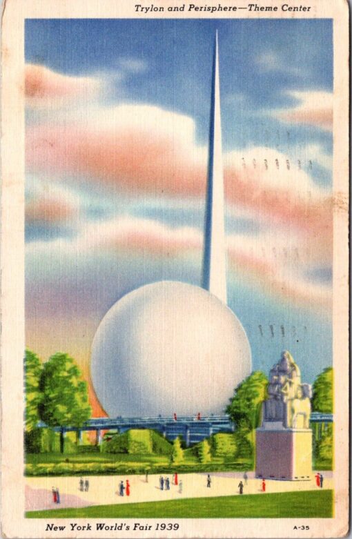 1939 New York Worlds Fair Linen Postcard Trylon & Perisphere Theme Center