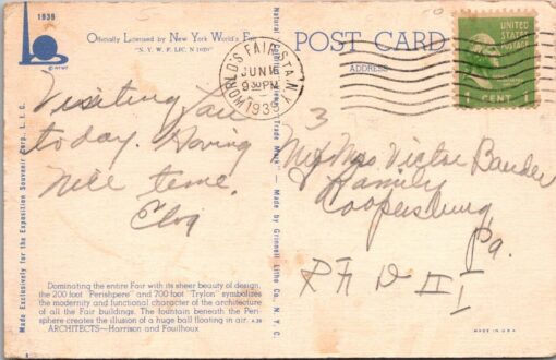 1939 New York Worlds Fair Linen Postcard Trylon & Perisphere Theme Center - Image 2