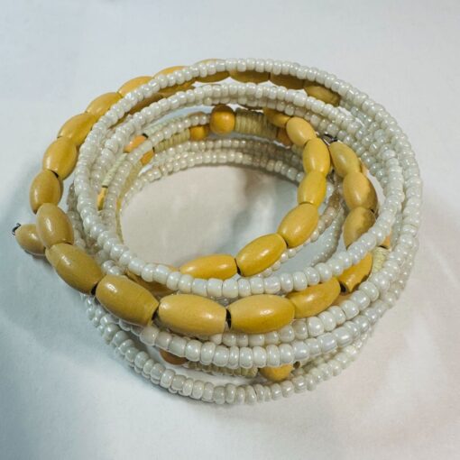 Handmade Wooden and Beaded Bracelet Boho Style Natural Ivory and Yellow Stretch - Image 2