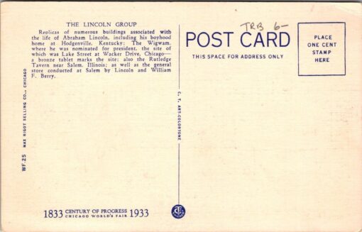 Vintage 1933 Lincoln Group Chicago Worlds Fair Postcard Linen - Image 2