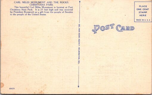 Carl Miles Monument & The Rocks Postcard Wilmington Delaware Vintage Linen 1940s - Image 2