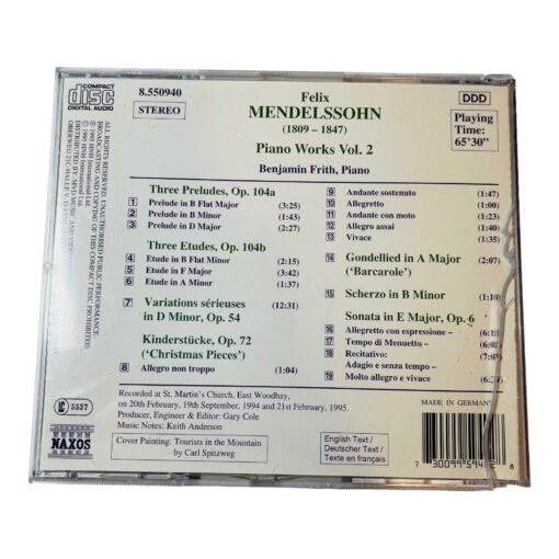 MENDELSSOHN piano works Benjamin Frith CD Vol.2 1996 Naxos - Image 2