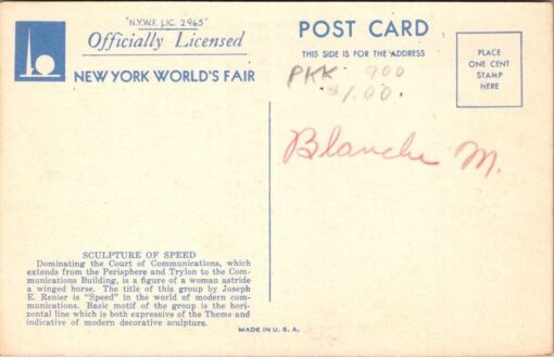 New York Worlds Fair 1939 LinenPostcard Speed By Joseph Renier - Image 2