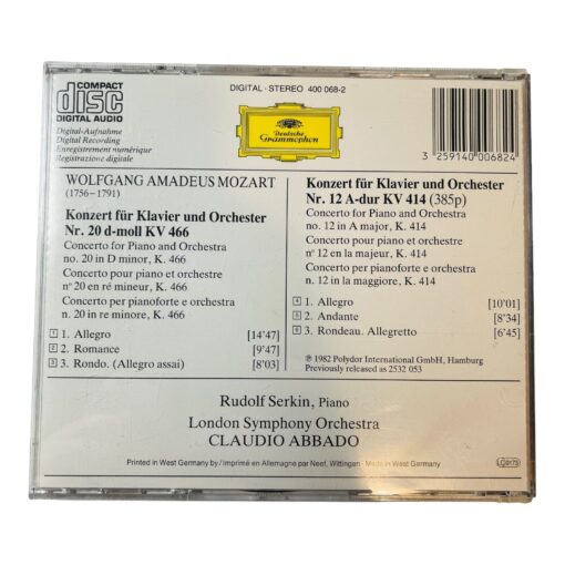 Mozart Klavierkonzerte Piano Concertos 20 & 12 Rudolf Serkin Claudio Abbado CD - Image 2