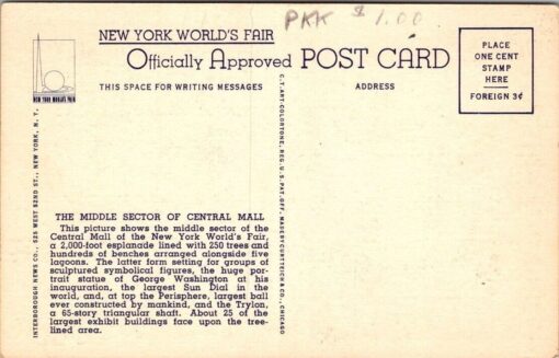 New York Worlds Fair 1939 Linen Postcard Model Of Middle Sector Central Mall - Image 2