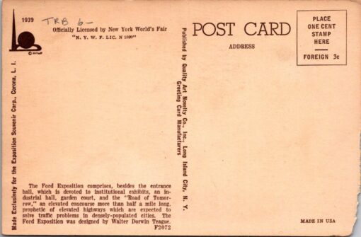 New York Worlds Fair 1964-65 Ford Exhibit Postcard - Image 2