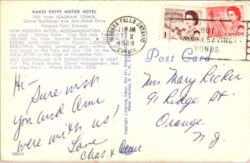 Oakes Drive Motor Hotel Niagara Falls Canada Vintage Post Card Posted 1968 - Image 2