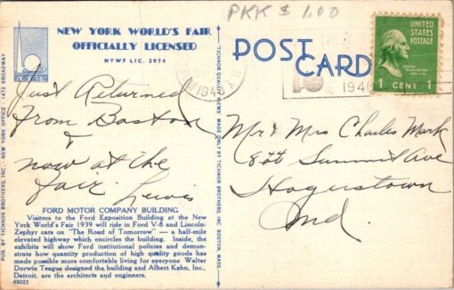 Vintage 1940 New York Worlds Fair Ford Motor Company Building Linen Postcard - Image 2