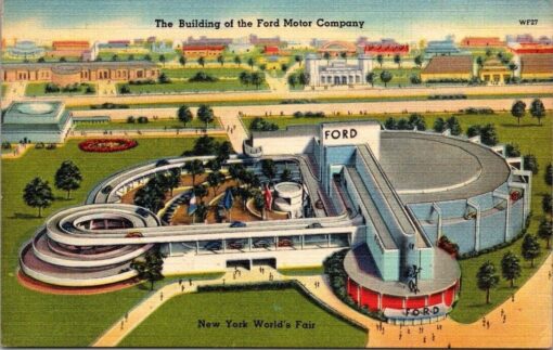 Vintage 1940 New York Worlds Fair Ford Motor Company Building Linen Postcard