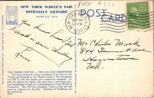 Trylon & Perisphere Buildings Vintage 1939 New York Worlds Fair Postcard Linen - Image 2